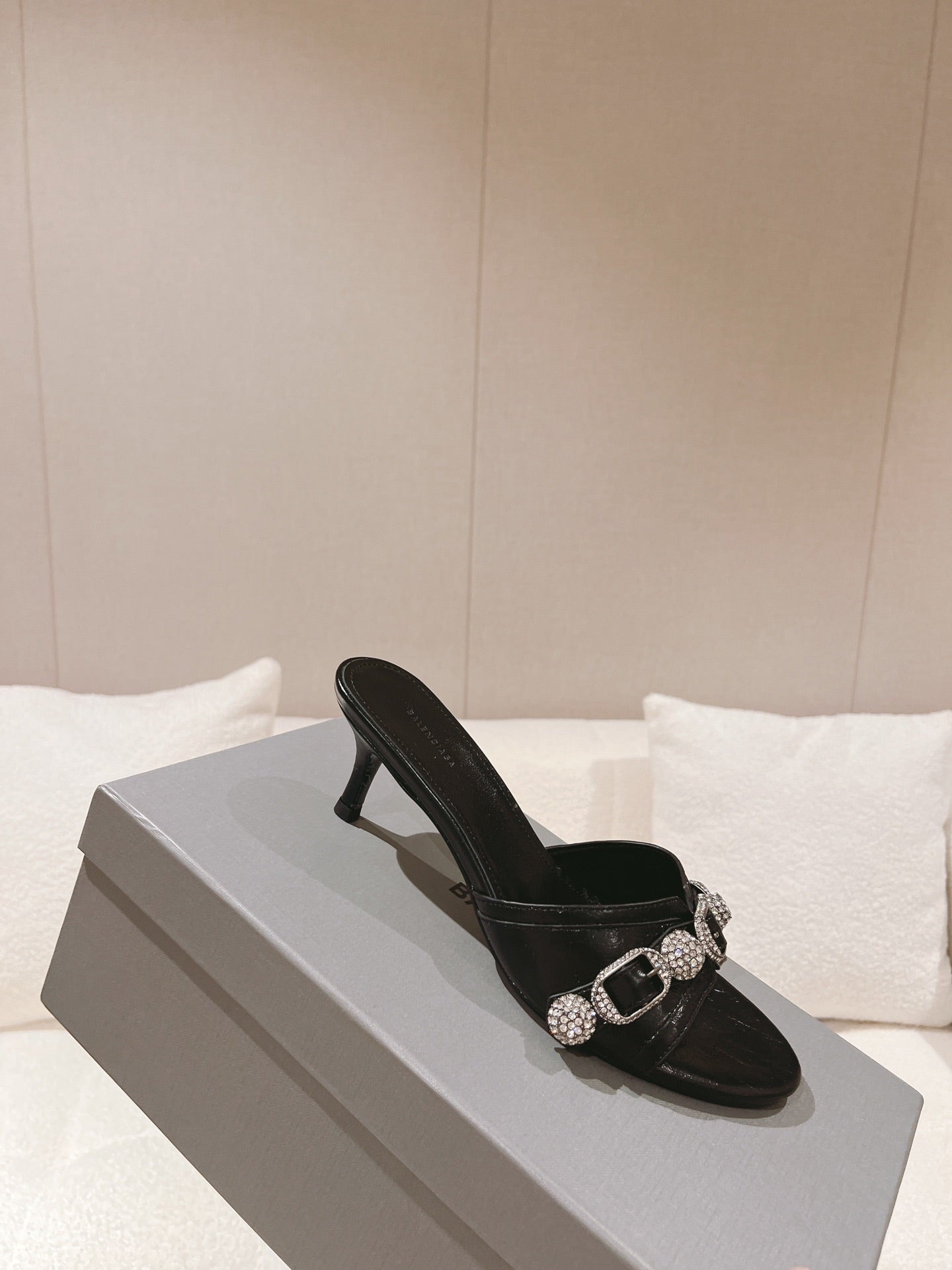 BALENCIAGA 25S HIGH-HEEL SANDALS IN BLACK COW LEATHER WITH RHINESTONE STRAP