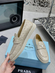 PRA OSTRICH PATTERN LOAFERS CREAMY WHITE CALFSKIN