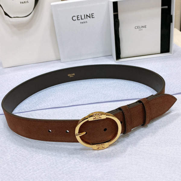 CL LARGE 35MM TWIN TRIOMPHE BELT IN CHOCOLATE BROWN SUEDE GOLD HARDWARE