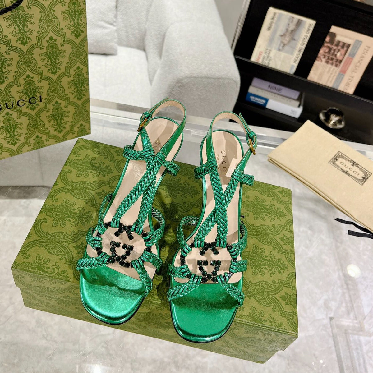 GG CRYSTAL HIGH HEEL SANDAL JADE GREEN CALFSKIN SPECIAL