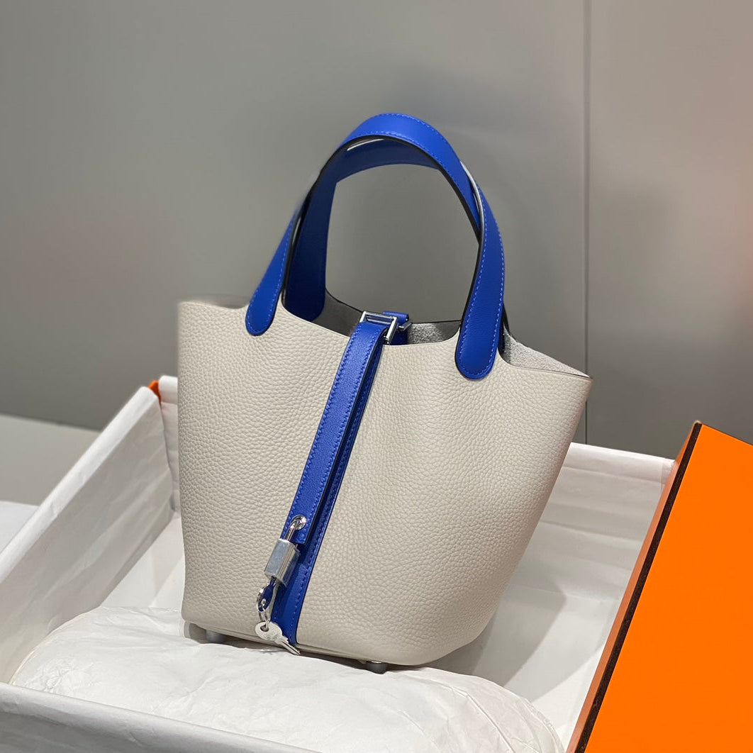 HERMES 25S PICOTIN LOCK 18 IN PEARL GRAY AND ELECTRIC BLUE CALFSKIN SILVER HARDWARE