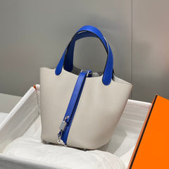 HERMES 25S PICOTIN LOCK 18 IN PEARL GRAY AND ELECTRIC BLUE CALFSKIN SILVER HARDWARE