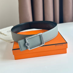 HM OSCAR BELT BUCKLE & REVERSIBLE BLACK AND ASH GREY LEATHER STRAP 38MM SILVER HARDWARE