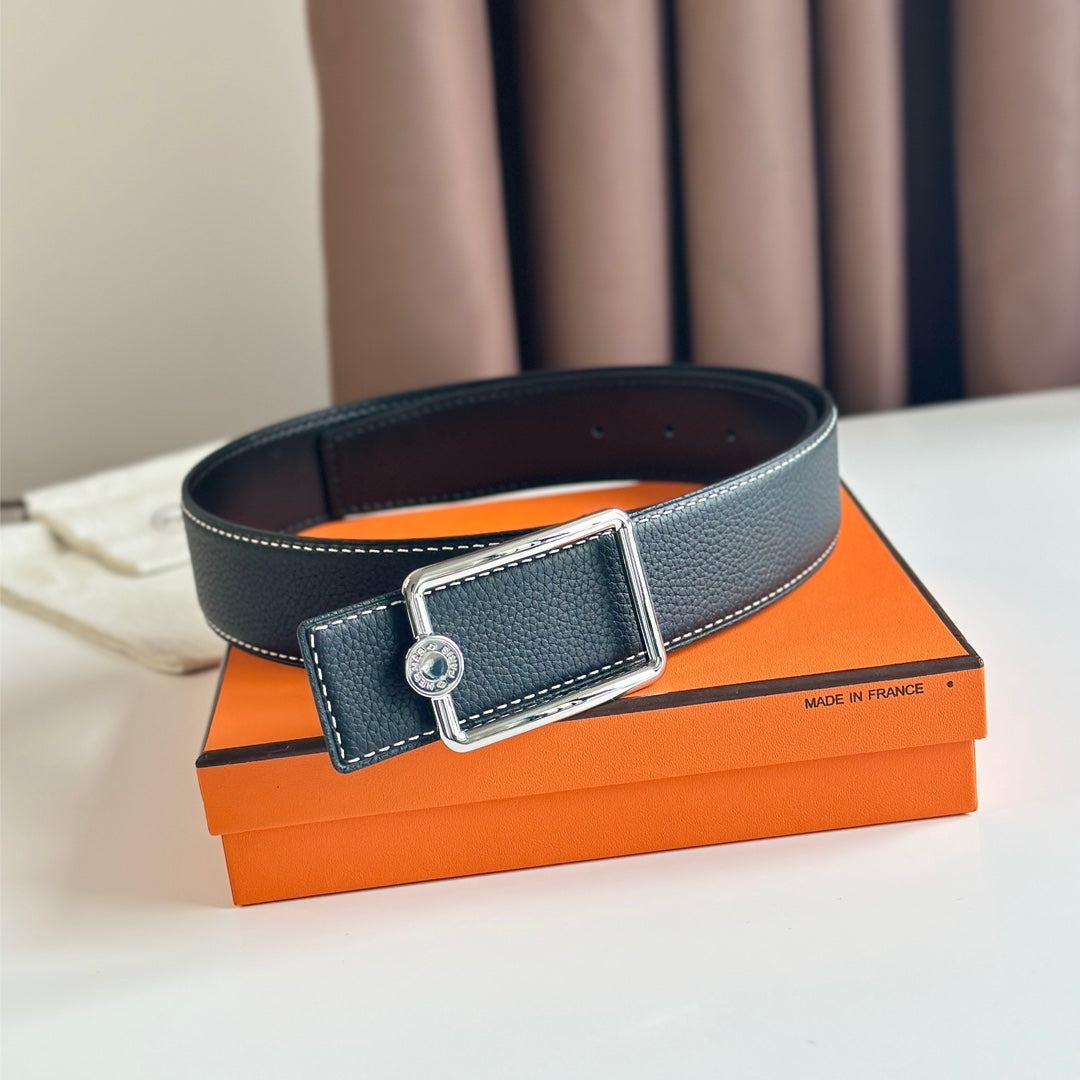 HM OSCAR BELT BUCKLE & REVERSIBLE BLACK LEATHER STRAP 38MM SILVER HARDWARE