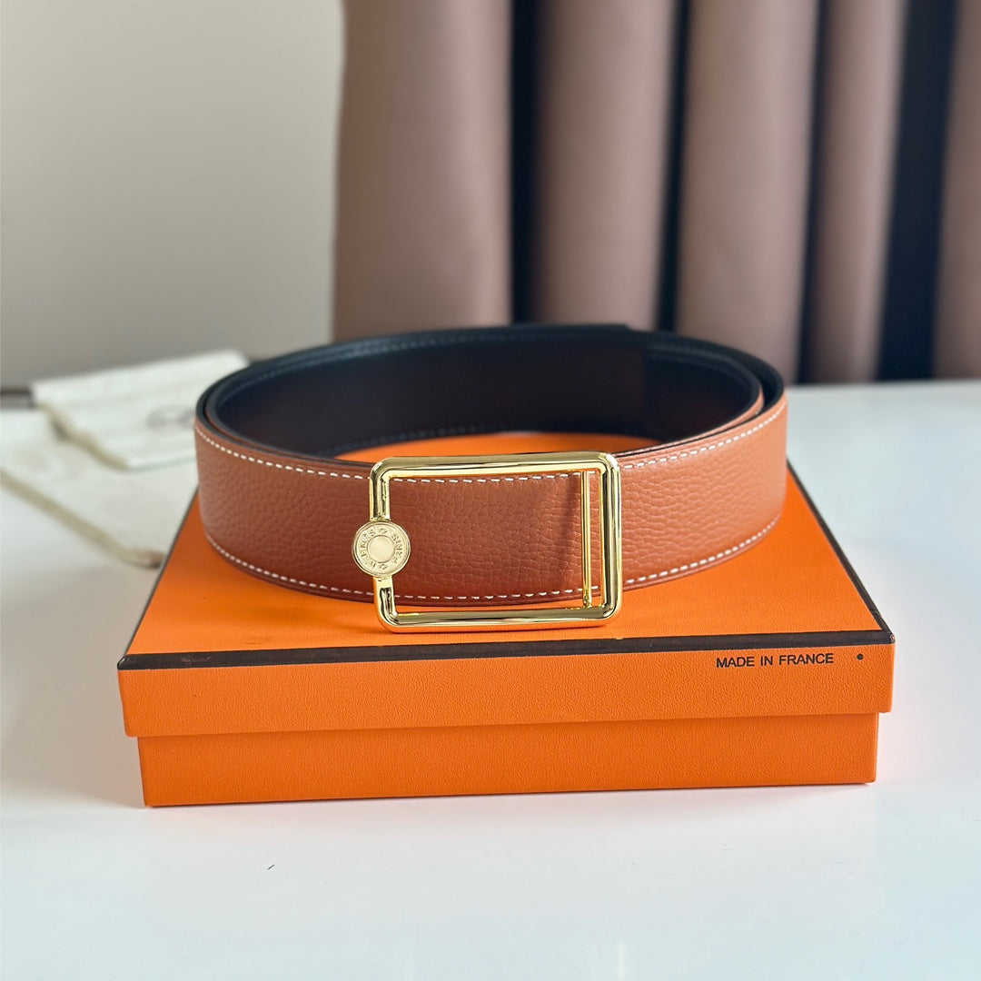 HM OSCAR BELT BUCKLE & REVERSIBLE YAM ORANGE AND BLACK LEATHER STRAP 38MM GOLD HARDWARE