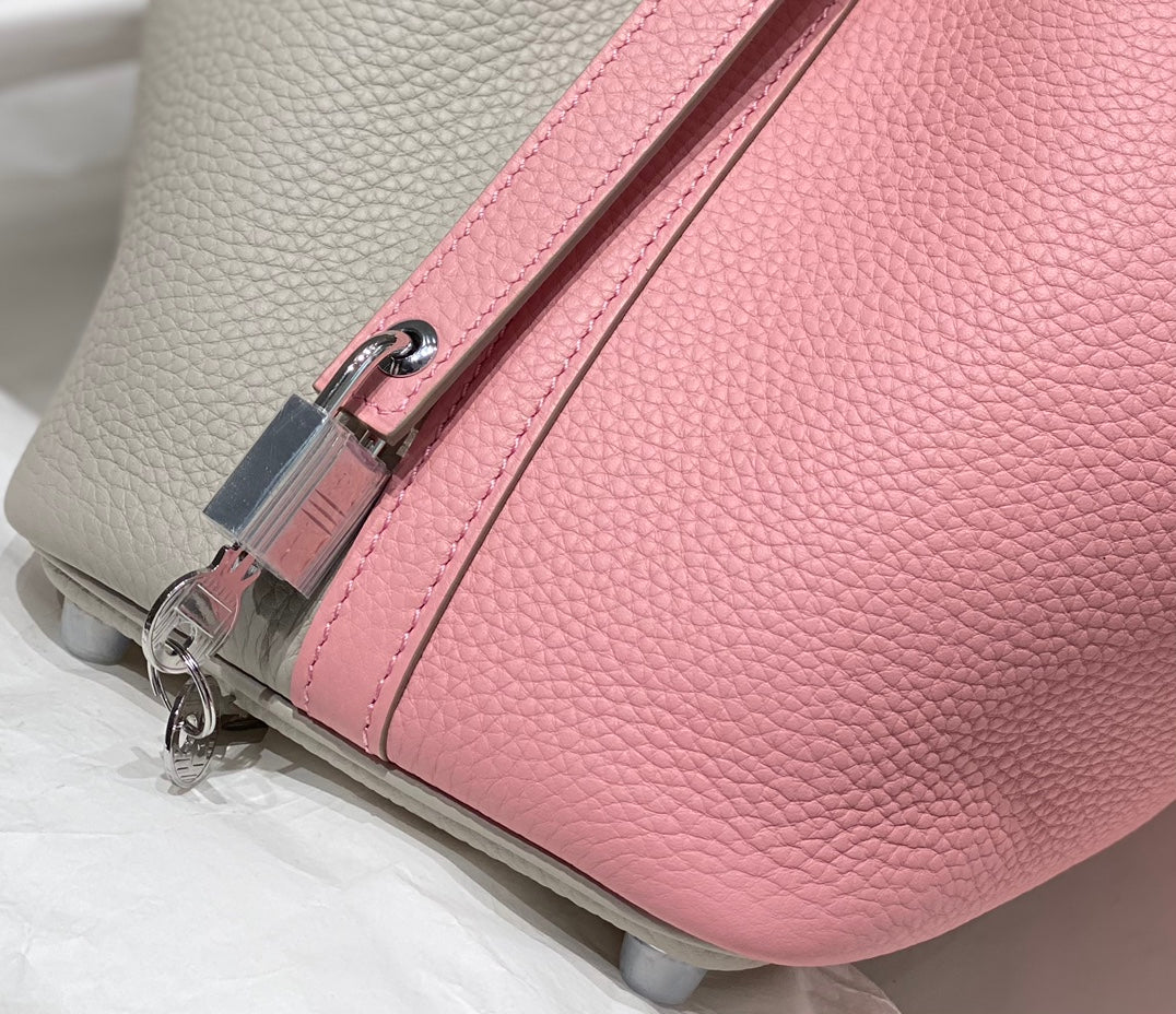 HERMES 25S PICOTIN LOCK 18 IN PINK AND LIGHT GRAY CALFSKIN SILVER HARDWARE