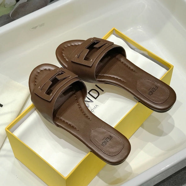 FENDI BAGUETTE SLIDES IN COFFEE BROWN LAMBSKIN