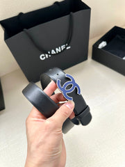 CC 30MM BELT IN BLACK SMOOTH CALFSKIN WITH NAVY BLUE METAL LOGO