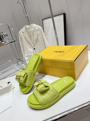 FENDI BAGUETTE SLIPPERS IN PEAR GREEN LAMBSKIN WITH GOLD HARDWARE
