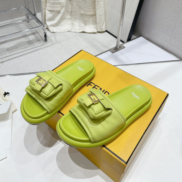 FENDI BAGUETTE SLIPPERS IN PEAR GREEN LAMBSKIN WITH GOLD HARDWARE