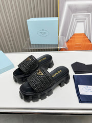 PRA THICK-SOLED CROCHET SANDALS BLACK WOVEN FABRIC