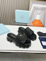 PRA THICK-SOLED CROCHET SANDALS BLACK WOVEN FABRIC