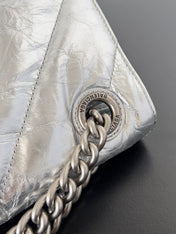 CRUSH CHAINED BAG 32 IN SILVER METALLIC QUILTED CRUSHED CALFSKIN