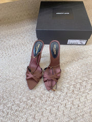 CROSS STRAP HIGH HEEL IN CHESTNUT SILK GOLD CHAIN