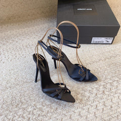 CROSS STRAP HIGH HEEL IN BLACK SILK GOLD CHAIN