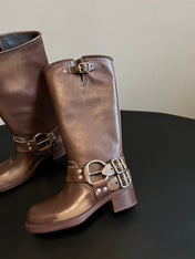 MIUMIU 26S KNEE-HIGH BOOTS IN BROWN CALFSKIN SILVER HARDWARE