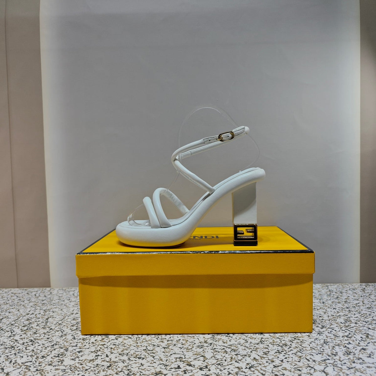 FENDI CHUNKY HIGH-HEELED SANDAL IN WHITE CALFKIN WITH GOLD HARDWARE