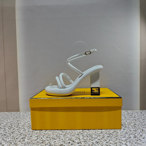 FENDI CHUNKY HIGH-HEELED SANDAL IN WHITE CALFKIN WITH GOLD HARDWARE