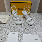 FENDI CHUNKY HIGH-HEELED SANDAL IN WHITE CALFKIN WITH GOLD HARDWARE