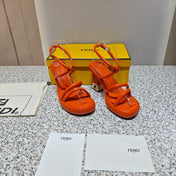 FENDI CHUNKY HIGH-HEELED SANDAL IN ORANGE RED CALFKIN WITH GOLD HARDWARE