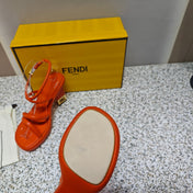 FENDI CHUNKY HIGH-HEELED SANDAL IN ORANGE RED CALFKIN WITH GOLD HARDWARE