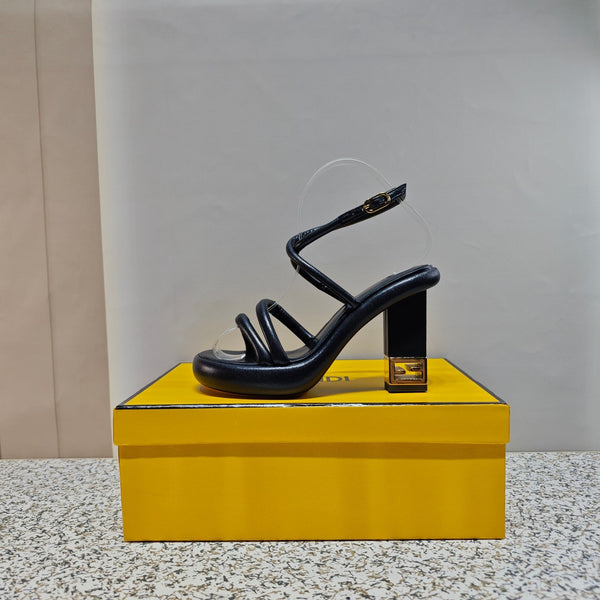 FENDI CHUNKY HIGH-HEELED SANDAL IN BLACK CALFKIN WITH GOLD HARDWARE