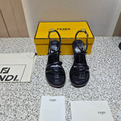 FENDI CHUNKY HIGH-HEELED SANDAL IN BLACK CALFKIN WITH GOLD HARDWARE