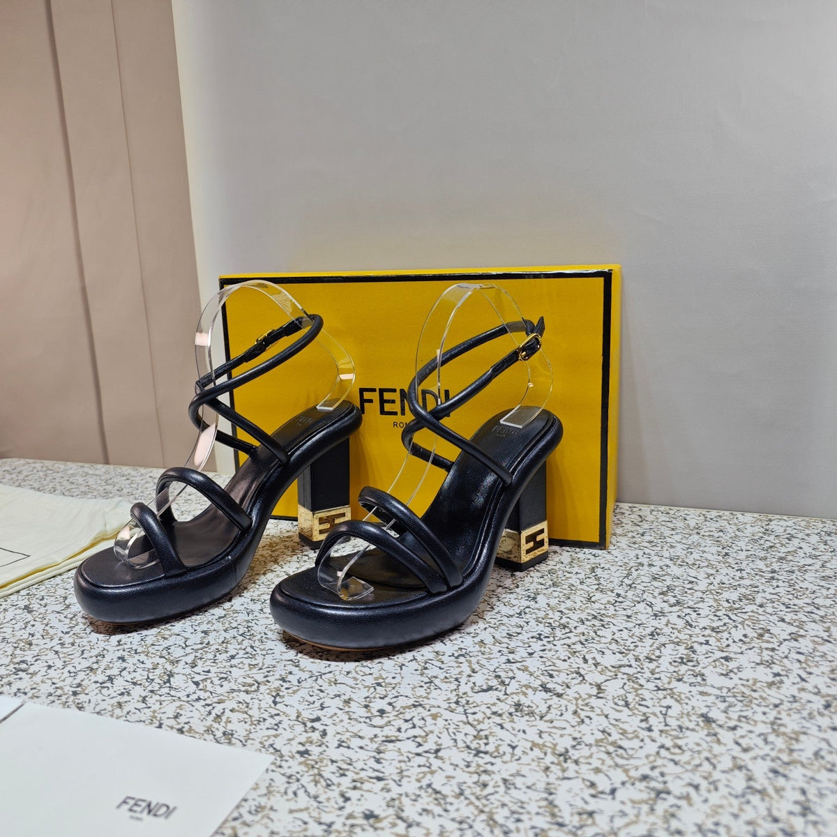 FENDI CHUNKY HIGH-HEELED SANDAL IN BLACK CALFKIN WITH GOLD HARDWARE