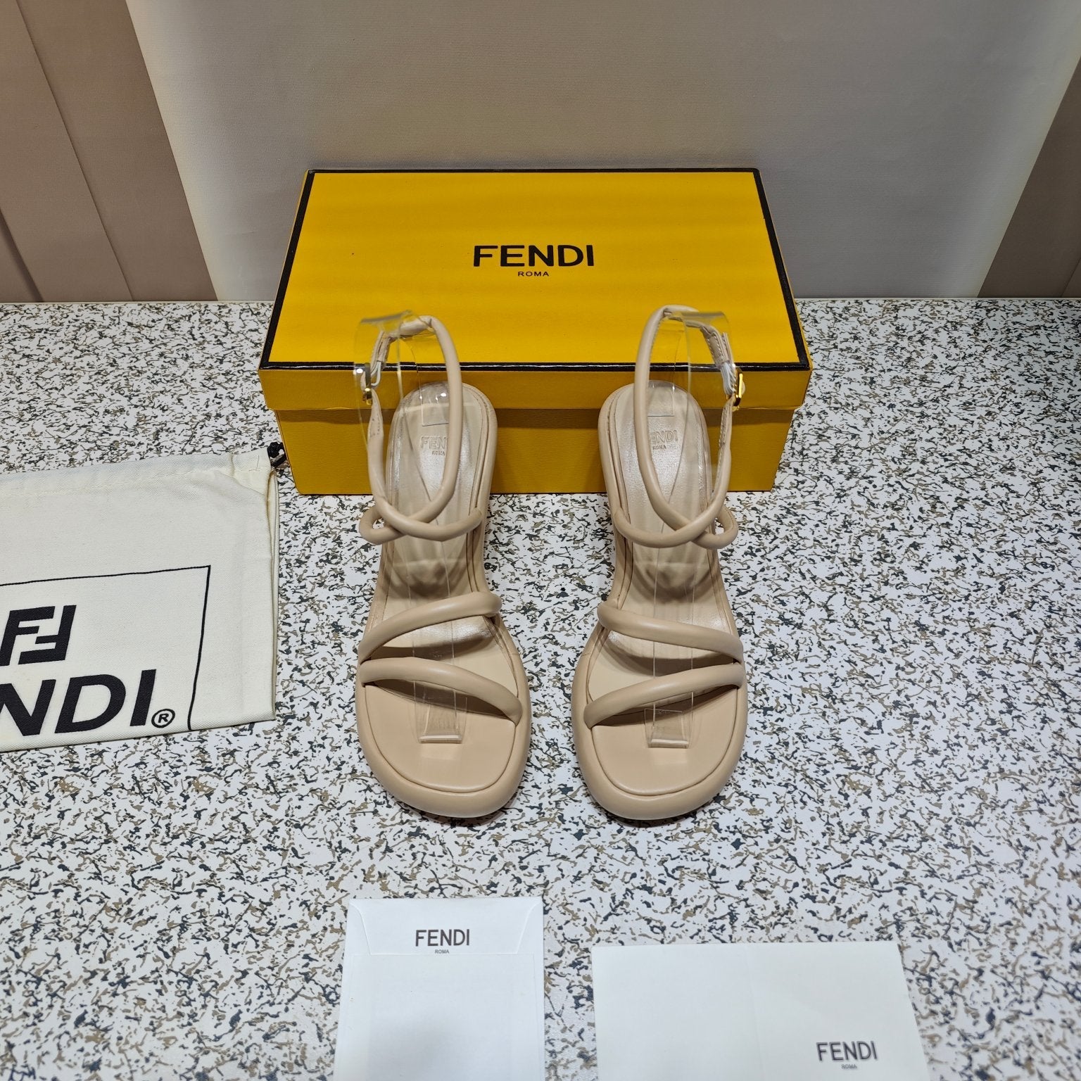 FENDI CHUNKY HIGH-HEELED SANDAL IN BEIGE BISQUE CALFKIN WITH GOLD HARDWARE