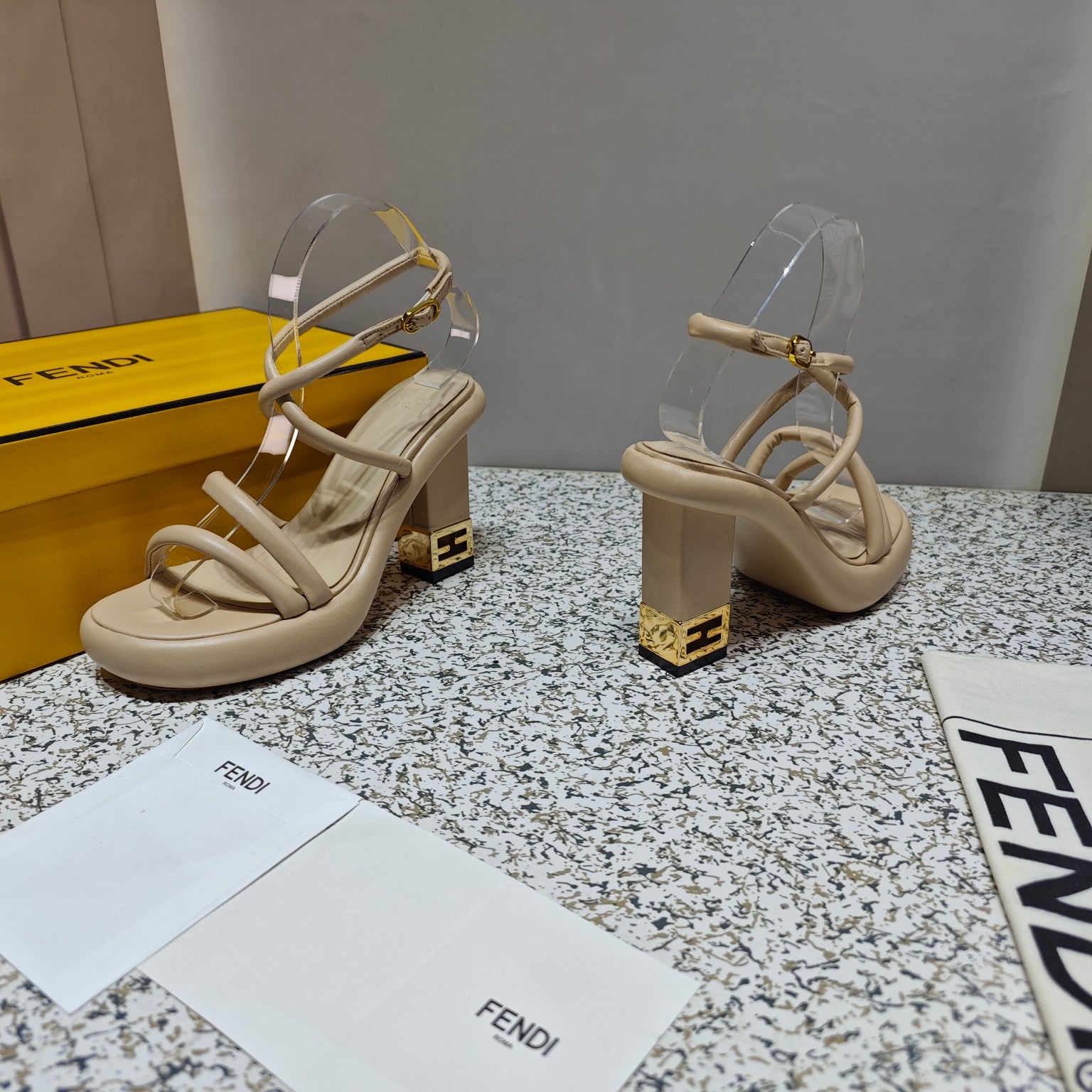 FENDI CHUNKY HIGH-HEELED SANDAL IN BEIGE BISQUE CALFKIN WITH GOLD HARDWARE