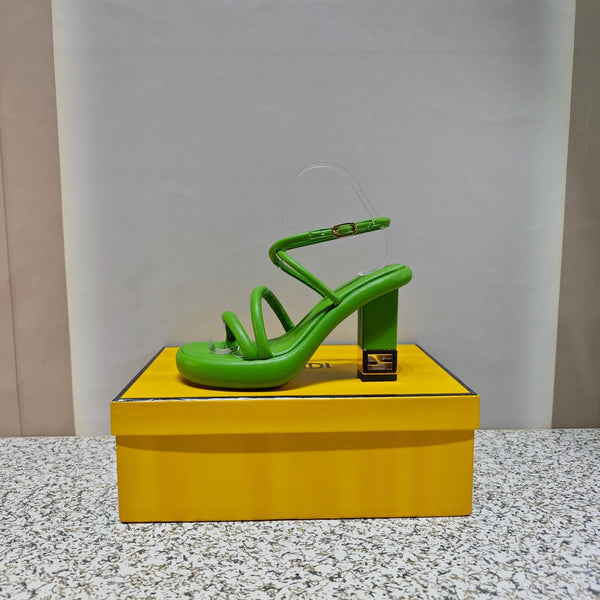 FENDI CHUNKY HIGH-HEELED SANDAL IN SHAMROCK GREEN CALFKIN WITH GOLD HARDWARE