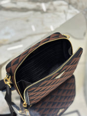 MESSENGER BAG 22 IN BLACK AND BROWN EMBROIDERED FABRIC GOLD HARDWARE