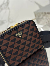 MESSENGER BAG 22 IN BLACK AND BROWN EMBROIDERED FABRIC GOLD HARDWARE