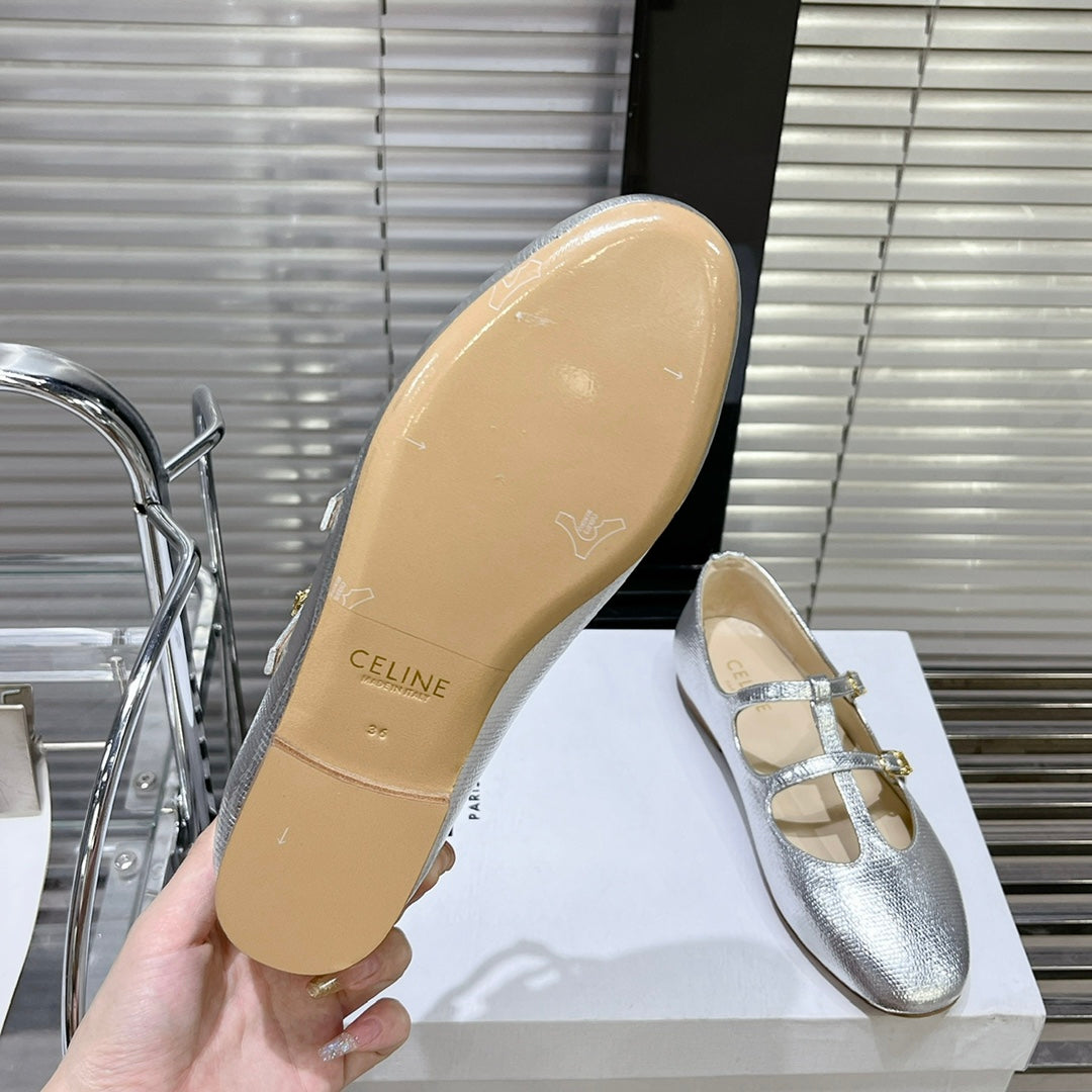 FLAT SANDALS WITH DOUBLE STRAP-DESIGN LEATHER SILVER