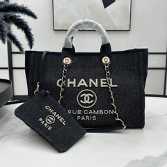 CC DEAUVILLE LARGE 38 TOTE BAG IN BLACK CANVAS WITH WHITE LOGO EMBROIDERED