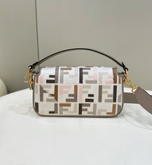 BAGUETTE CANVAS 27 BAG GREY STRAP WITH MULTICOLOUR EMBROIDERY GOLD HARDWARE