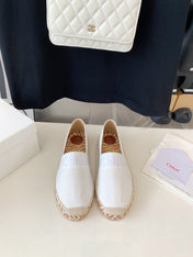LOAFER SHOES IN WHITE DENIM AND WOVEN RAFFIA