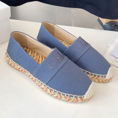 LOAFER SHOES IN PIGEON BLUE DENIM AND WOVEN RAFFIA