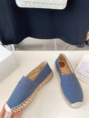 LOAFER SHOES IN PIGEON BLUE DENIM AND WOVEN RAFFIA