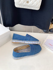 LOAFER SHOES IN CERULEAN BLUE DENIM AND WOVEN RAFFIA