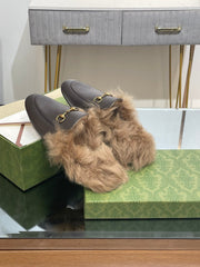 HORSEBIT MULE IN MOCHA BROWN CALFSKIN AND LAMB WOOL LINING