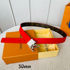 LV Initiales 30mm Reversible Belt Silver Rotating Buckle Red Brown Leather
