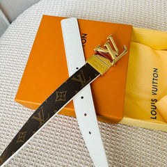 LV Initiales 30mm Reversible Belt Gold Rotating Buckle White Brown Leather