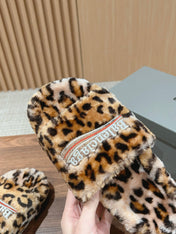 FURRY SLIDES IN LEOPARD PRINT RABBIT FUR