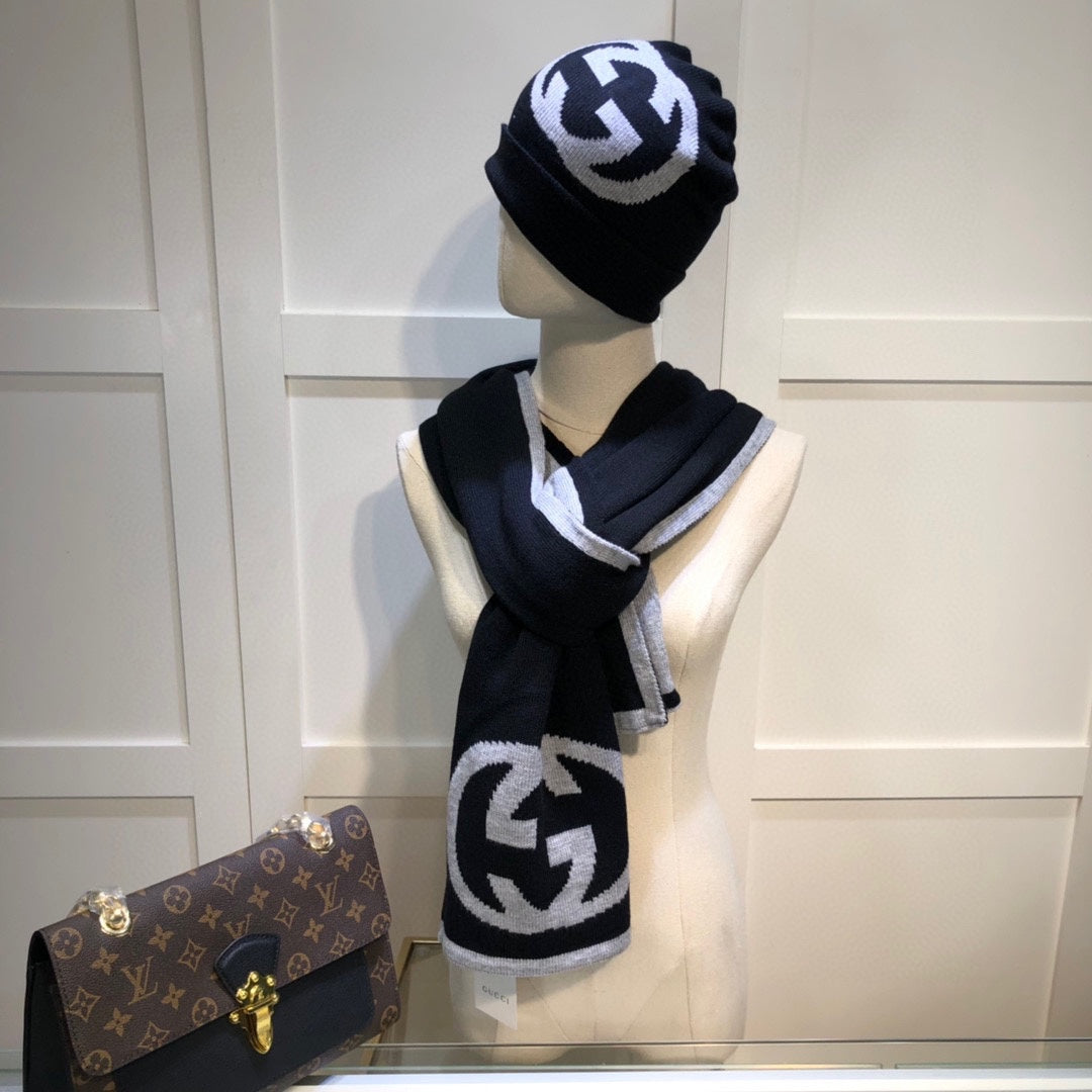SET HAT AND SCARF IN BLACK MIX LIGHT GRAY CASHMERE 946329