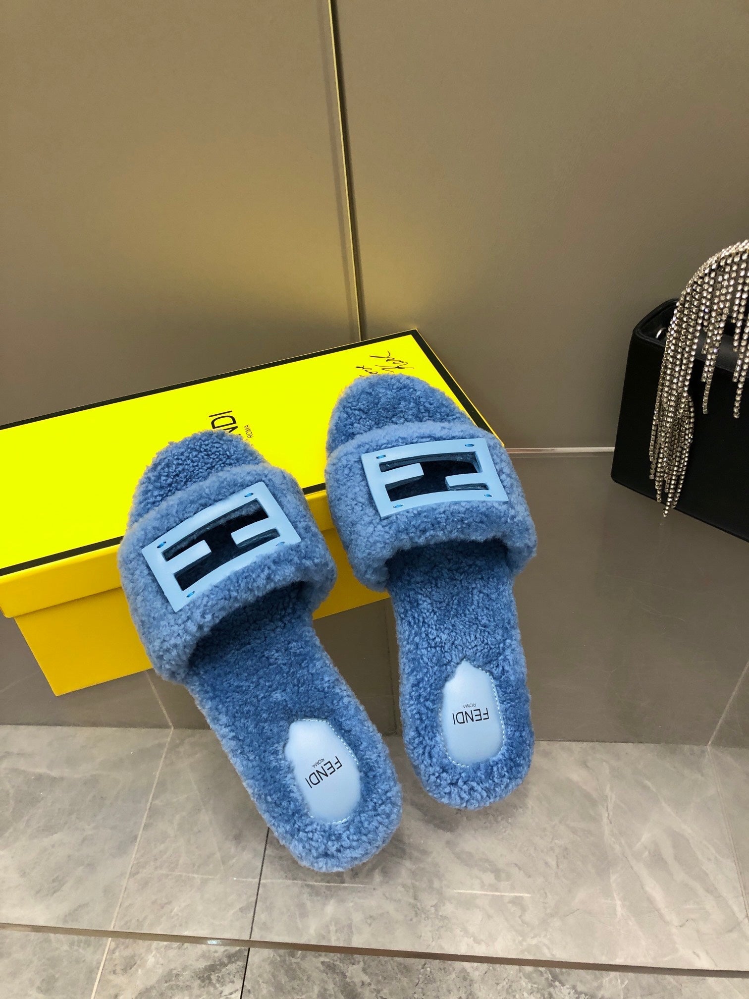 FENDI BAGUETTE SLIDE SLIPPERS IN CERULEAN BLUE WOOL