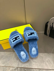 FENDI BAGUETTE SLIDE SLIPPERS IN CERULEAN BLUE WOOL