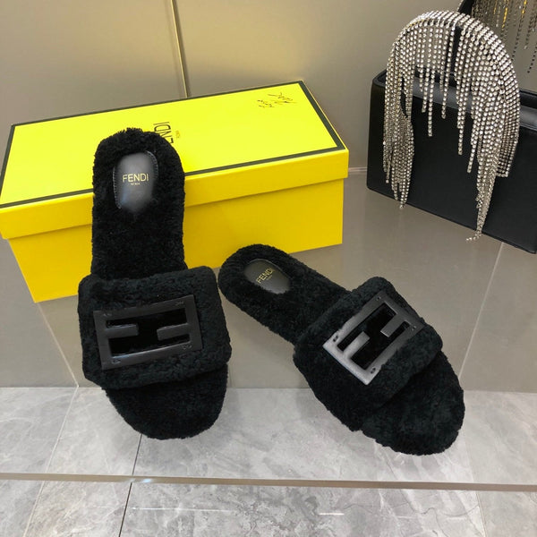 FENDI BAGUETTE SLIDE SLIPPERS IN BLACK WOOL