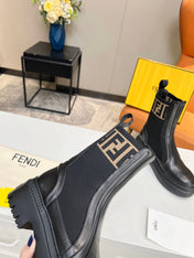 FENDI ROCKOKO BIKER BOOTS IN BLACK CALFSKIN WITH STRETCH FABRIC