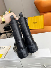 FENDI ROCKOKO BIKER BOOTS IN BLACK CALFSKIN WITH STRETCH FABRIC